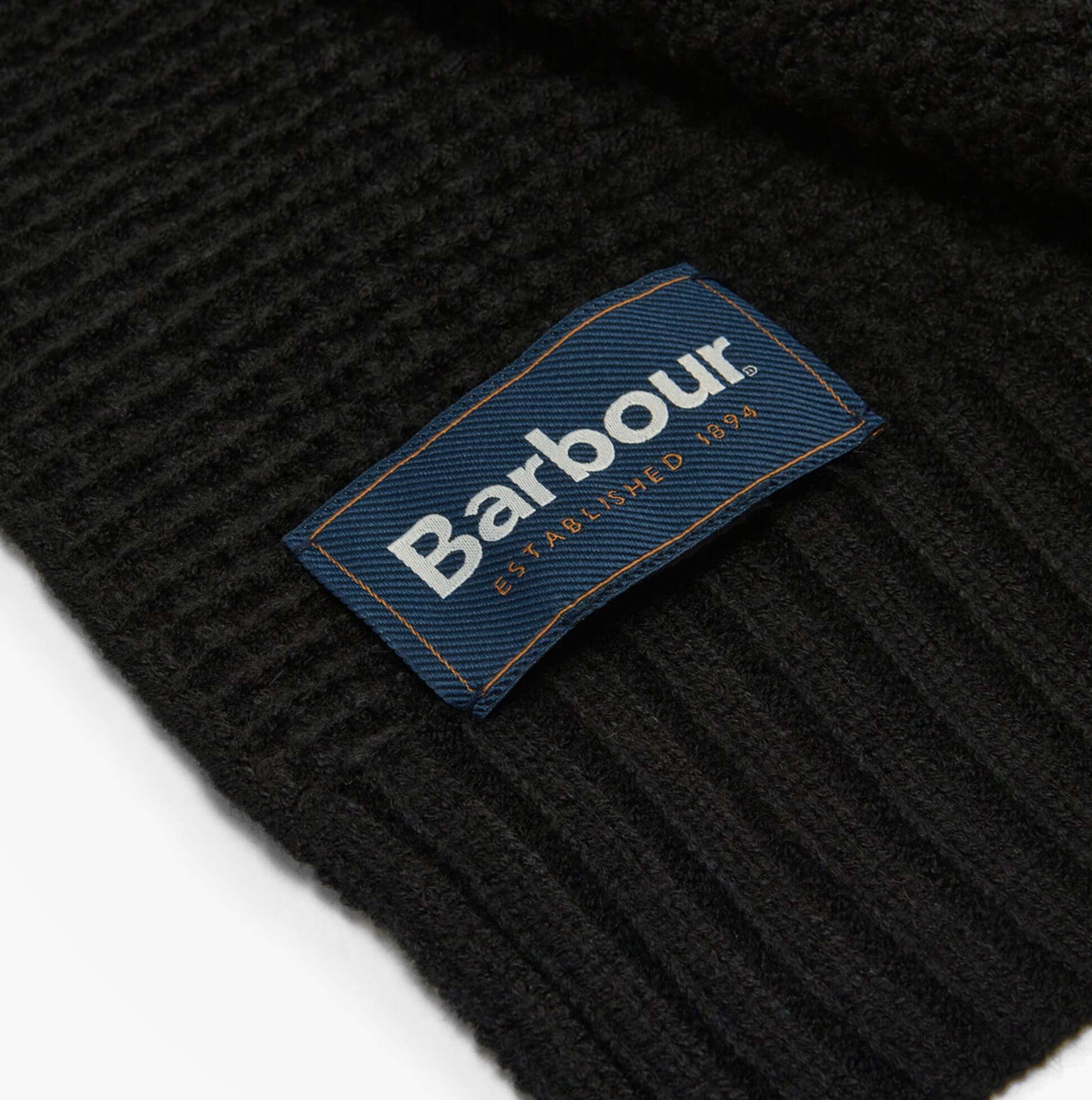 Barbour RAMSIDE BEANIE AND SCARF Mens Gift Set Black detail view of woven label on scarf