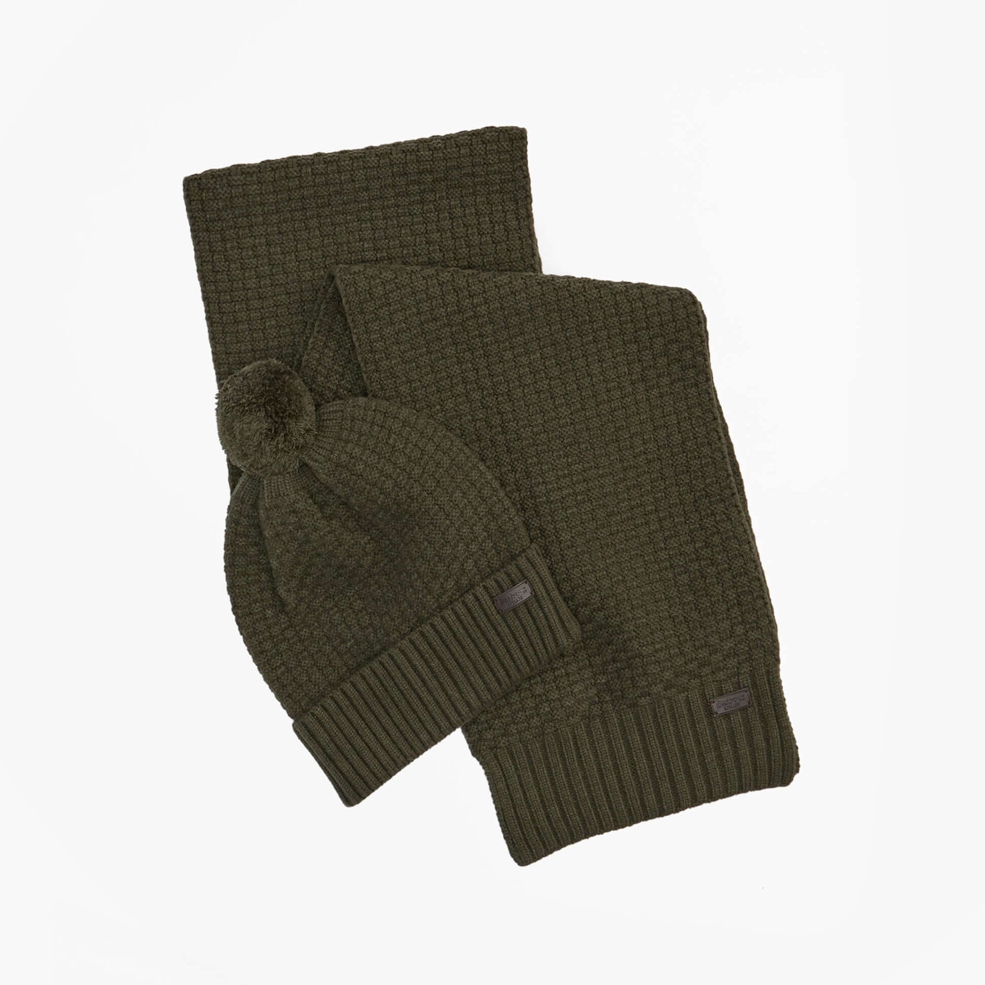 Barbour RAMSIDE BEANIE AND SCARF Mens Gift Set Dark Olive displayed flat, featuring a beanie and matching scarf.