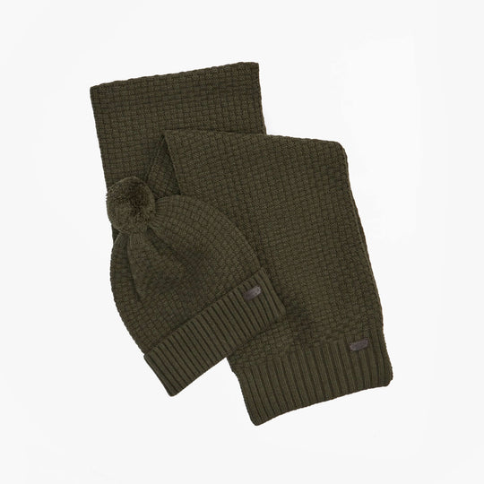 Barbour RAMSIDE BEANIE AND SCARF Mens Gift Set Dark Olive displayed flat, featuring a beanie and matching scarf.