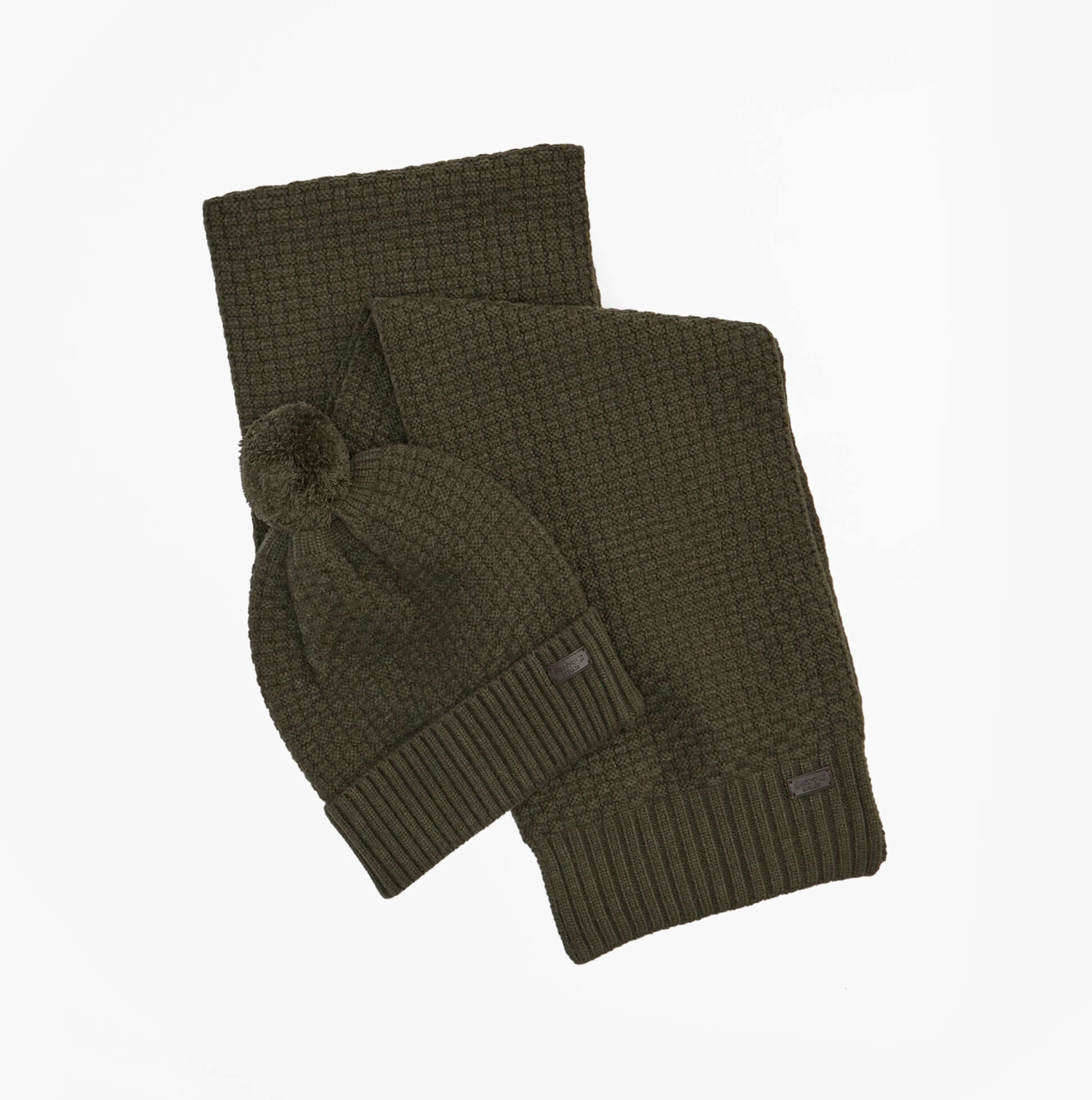 Barbour RAMSIDE BEANIE AND SCARF Mens Gift Set Dark Olive displayed flat, featuring a beanie and matching scarf.