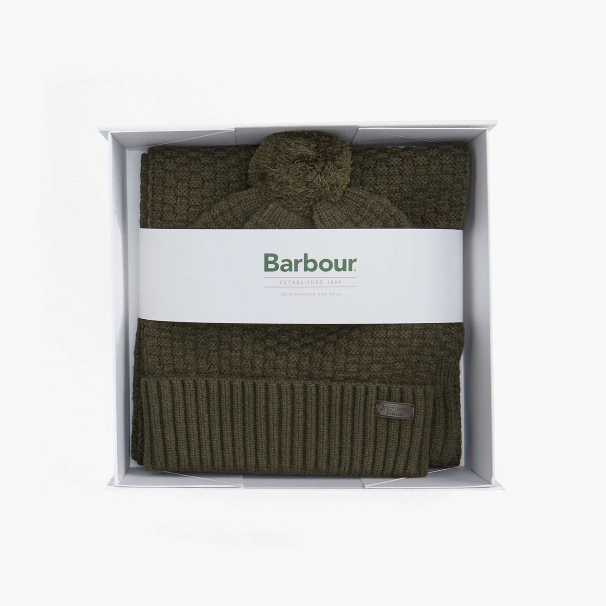 Barbour RAMSIDE BEANIE AND SCARF Mens Gift Set Dark Olive, top view in gift box showcasing hat and scarf.