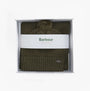 Barbour RAMSIDE BEANIE AND SCARF Mens Gift Set Dark Olive, top view in gift box showcasing hat and scarf.