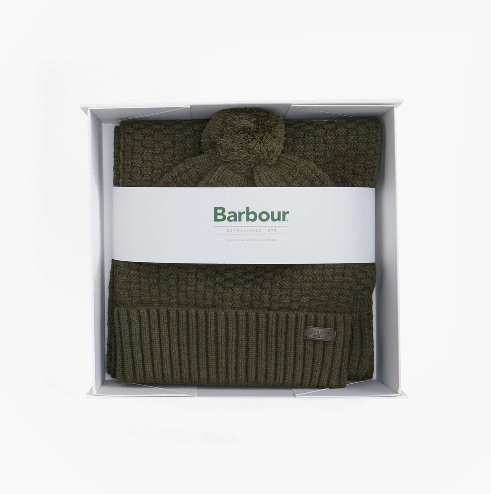 Barbour RAMSIDE BEANIE AND SCARF Mens Gift Set Dark Olive, top view in gift box showcasing hat and scarf.