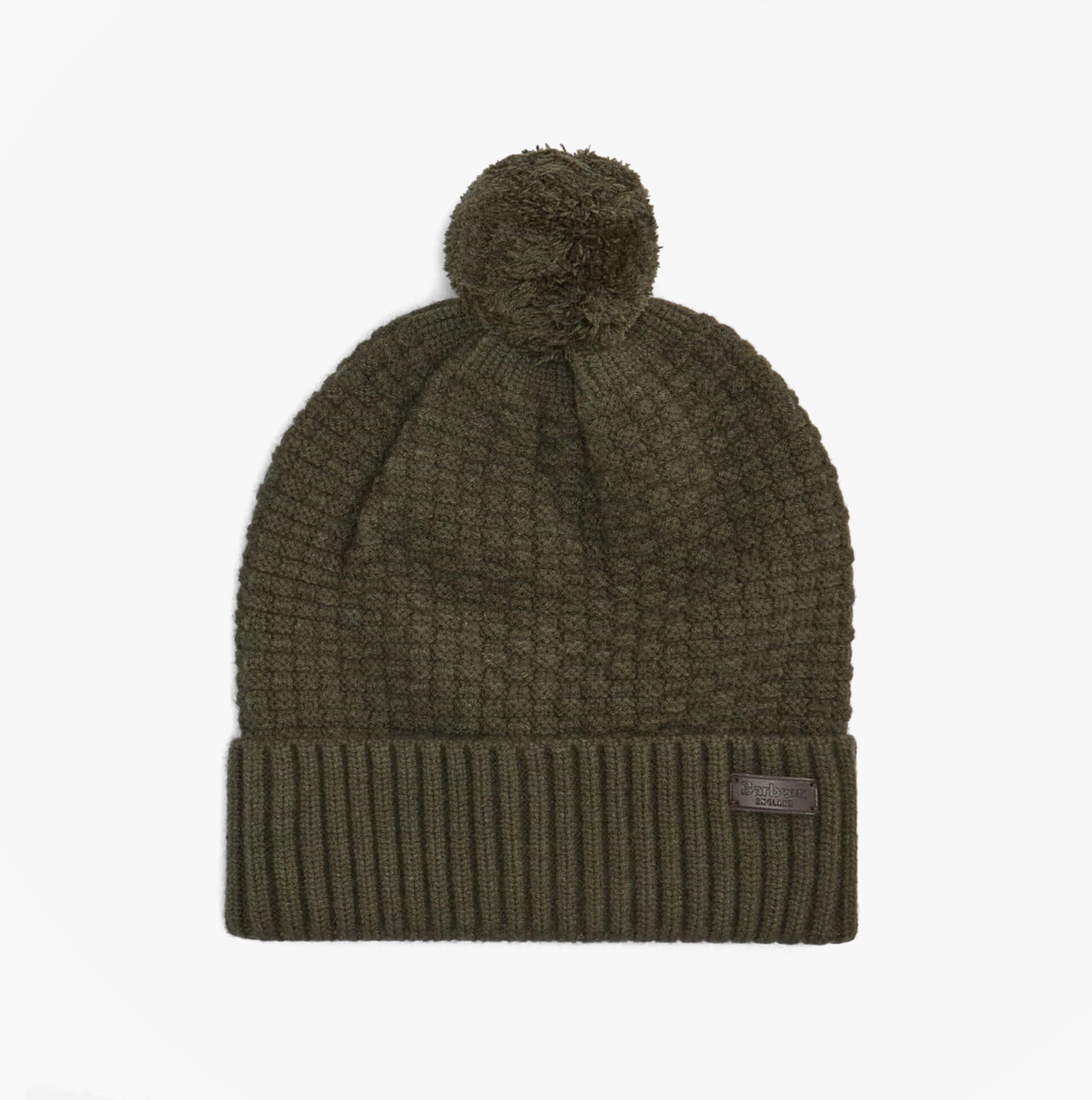 Barbour RAMSIDE BEANIE AND SCARF Mens Gift Set Dark Olive, front view of the beanie with pom-pom detail.