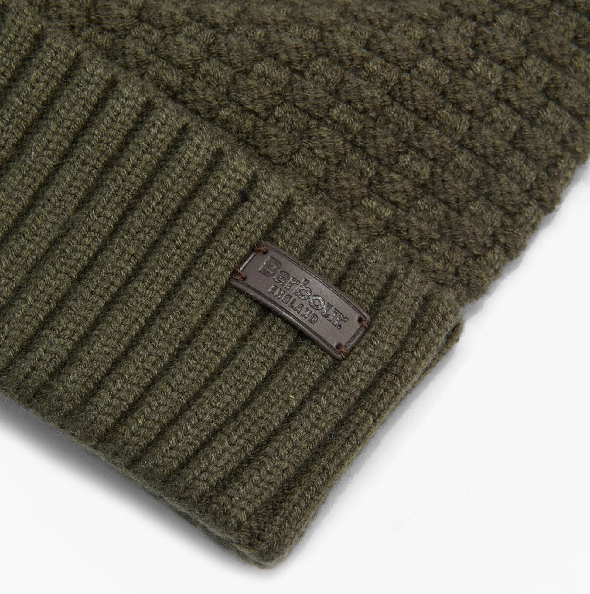 Barbour RAMSIDE BEANIE AND SCARF Mens Gift Set Dark Olive, detail view of beanie with tag, textured knit design.