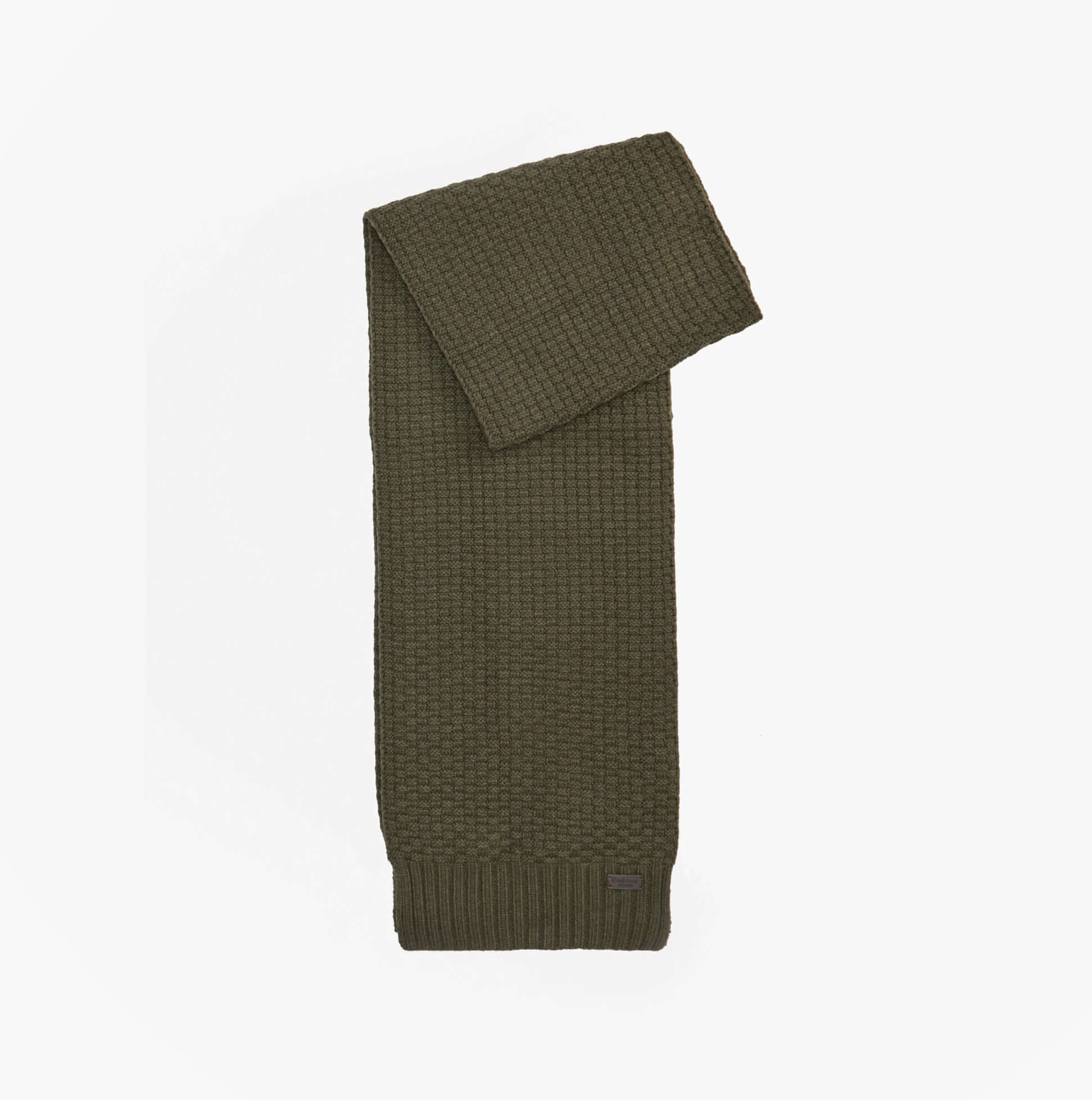 Barbour RAMSIDE BEANIE AND SCARF Mens Gift Set Dark Olive detail view of scarf on white background