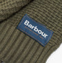Close-up detail view of Barbour RAMSIDE BEANIE AND SCARF Mens Gift Set Dark Olive label.