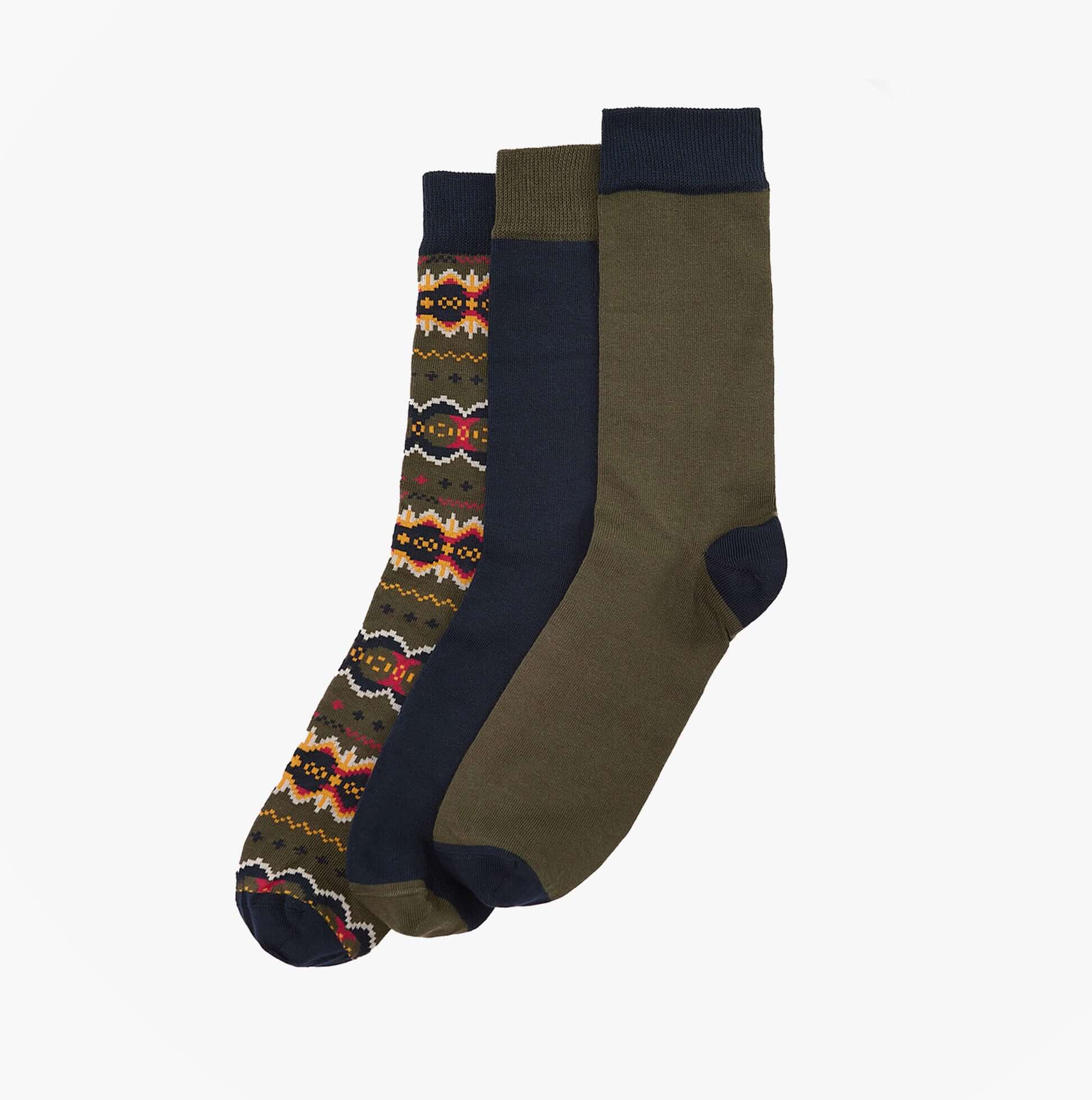 Barbour CASE FAIR ISLE SOCK Mens 3 Pack Gift Box Classic Tartan front view showing three crew socks in varied patterns.
