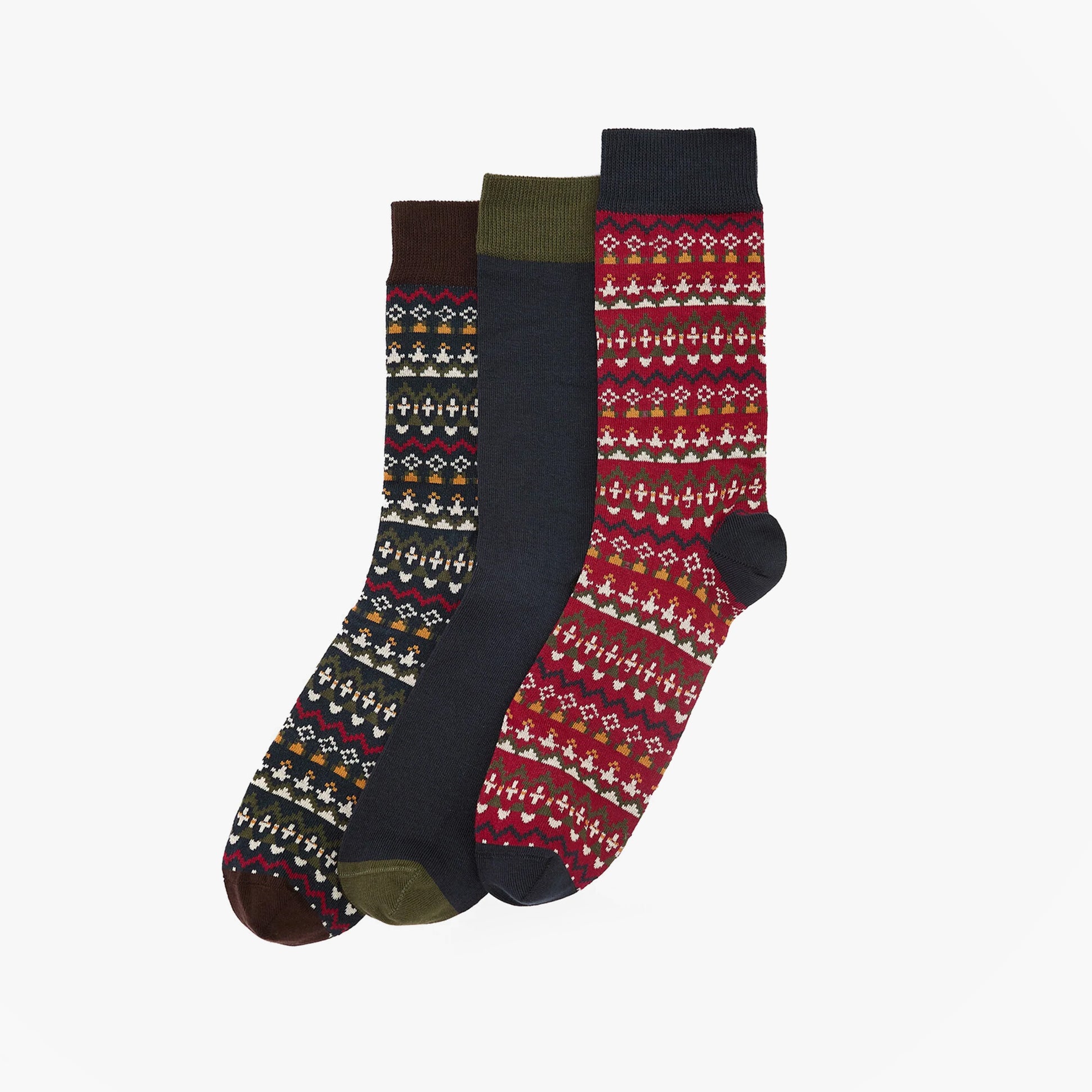 Barbour MARLOW FAIR ISLE SOCK 3 Pack Gift Box Mens Multicolour display showing three patterned crew socks.