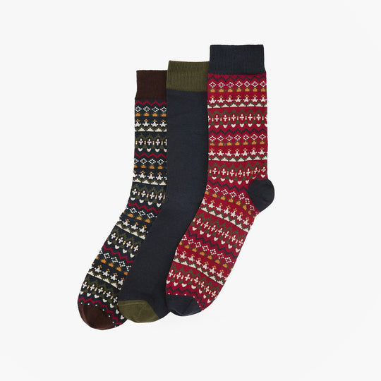 Barbour MARLOW FAIR ISLE SOCK 3 Pack Gift Box Mens Multicolour display showing three patterned crew socks.