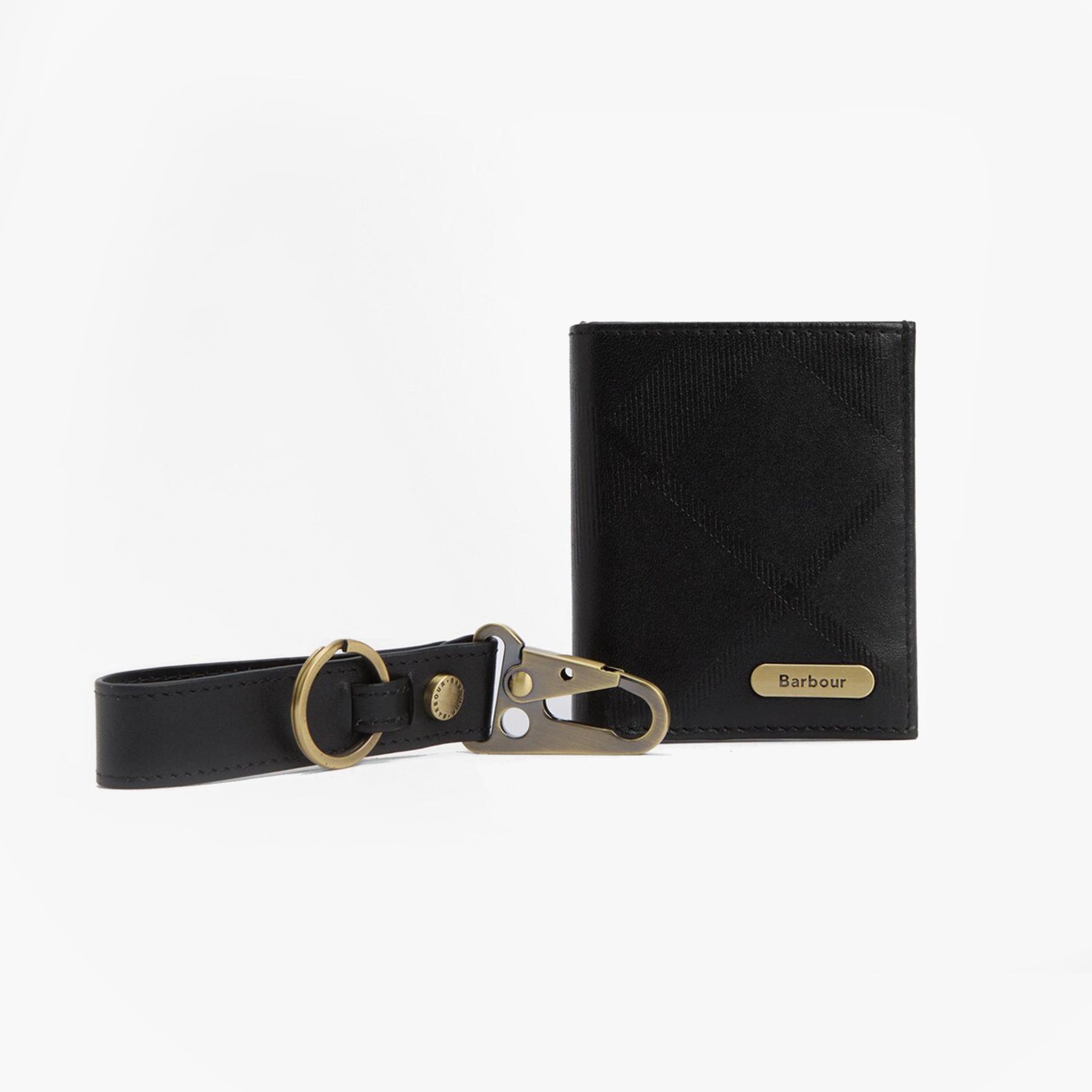 Barbour BRUNTON LEATHER Cardholder Gift Set Mens Black Tartan Emboss front view with key fob and branded metal badge.