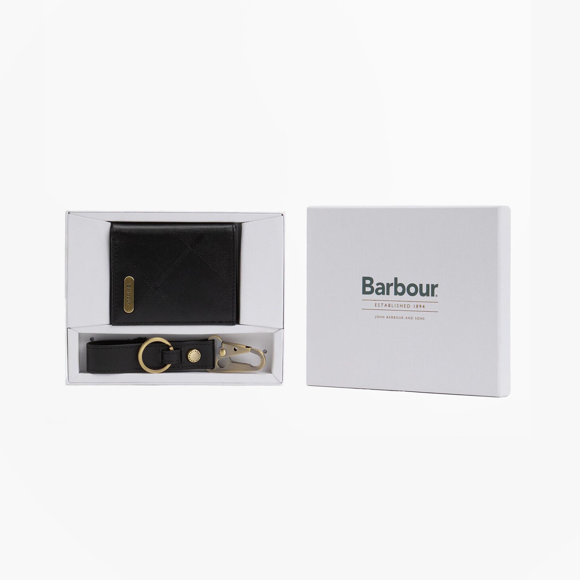 Barbour BRUNTON LEATHER Cardholder Gift Set Mens Black Tartan Emboss front view in packaging featuring cardholder and key fob.