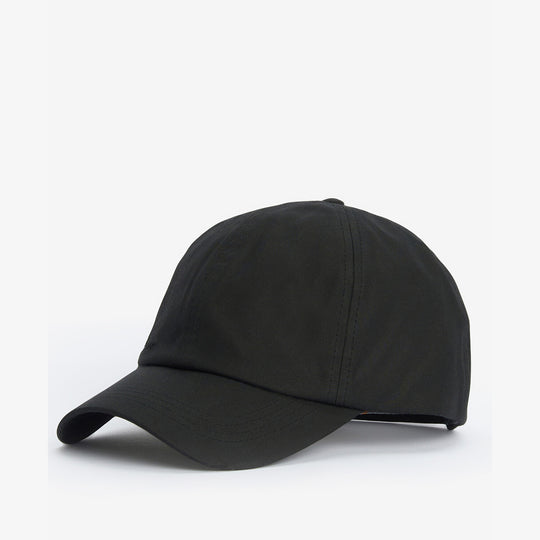 Barbour WAX Mens Sports Cap Black side view showcasing its sleek design and water-repellent material.