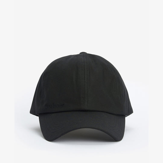 Barbour WAX Mens Sports Cap Black front view showcasing the sleek design and logo embroidery.