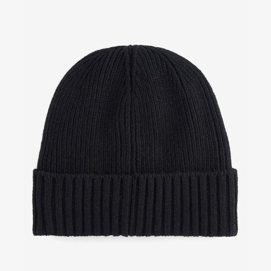 Barbour CARLTON Mens Beanie Black top view showing ribbed knit design and warm fleece lining. Stylish winter accessory.
