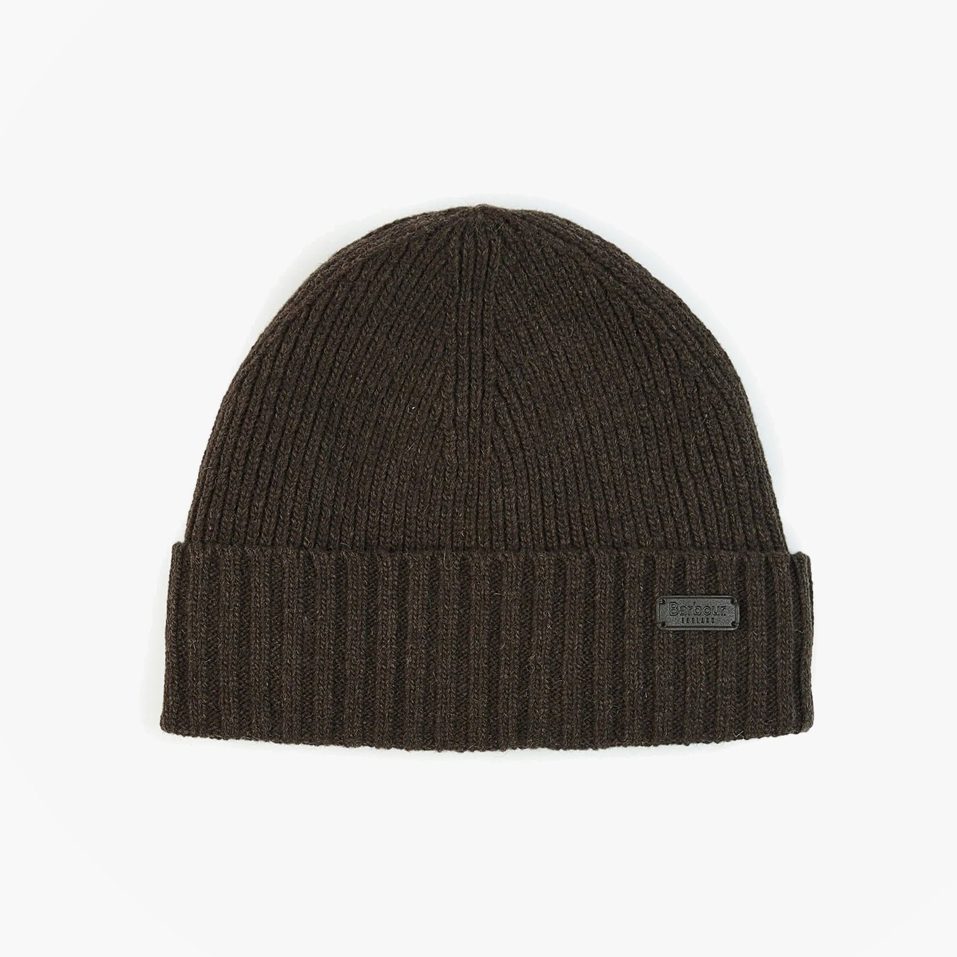 Barbour CARLTON Mens Beanie Mid Brown top view showing ribbed texture and logo detail.