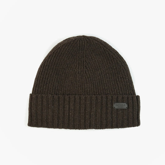 Barbour CARLTON Mens Beanie Mid Brown top view showing ribbed texture and logo detail.