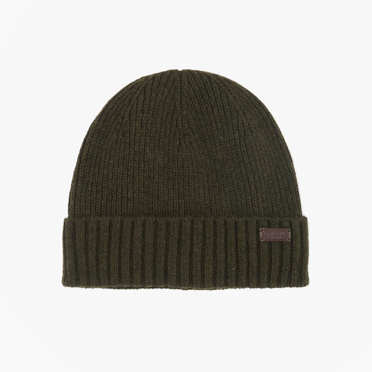 Barbour CARLTON Mens Beanie Dark Green top view, knitted wool hat with fold-up brim and brand label detail.