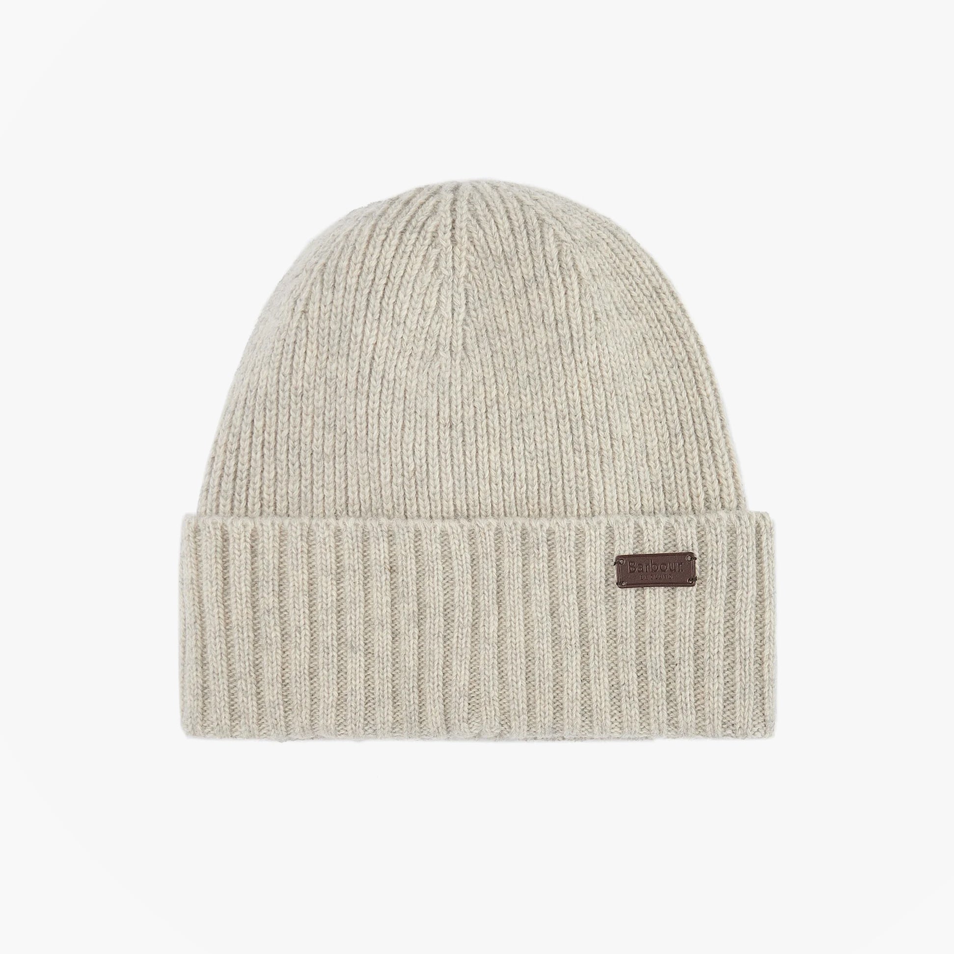 Barbour CARLTON Mens Beanie Light Grey top view, wool-blend knitted beanie with fleece lining and branding.