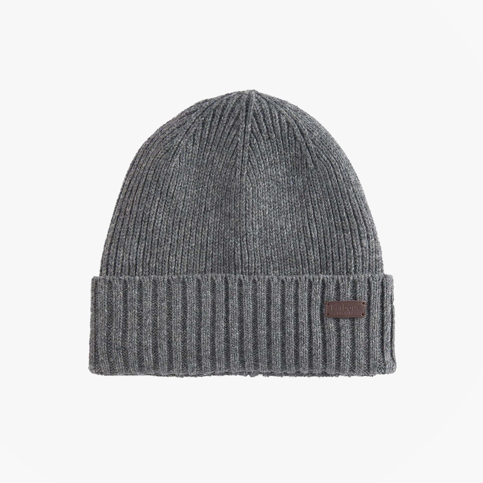 Barbour CARLTON Mens Beanie Grey top view showcasing ribbed design and front branding, perfect for warmth and style.