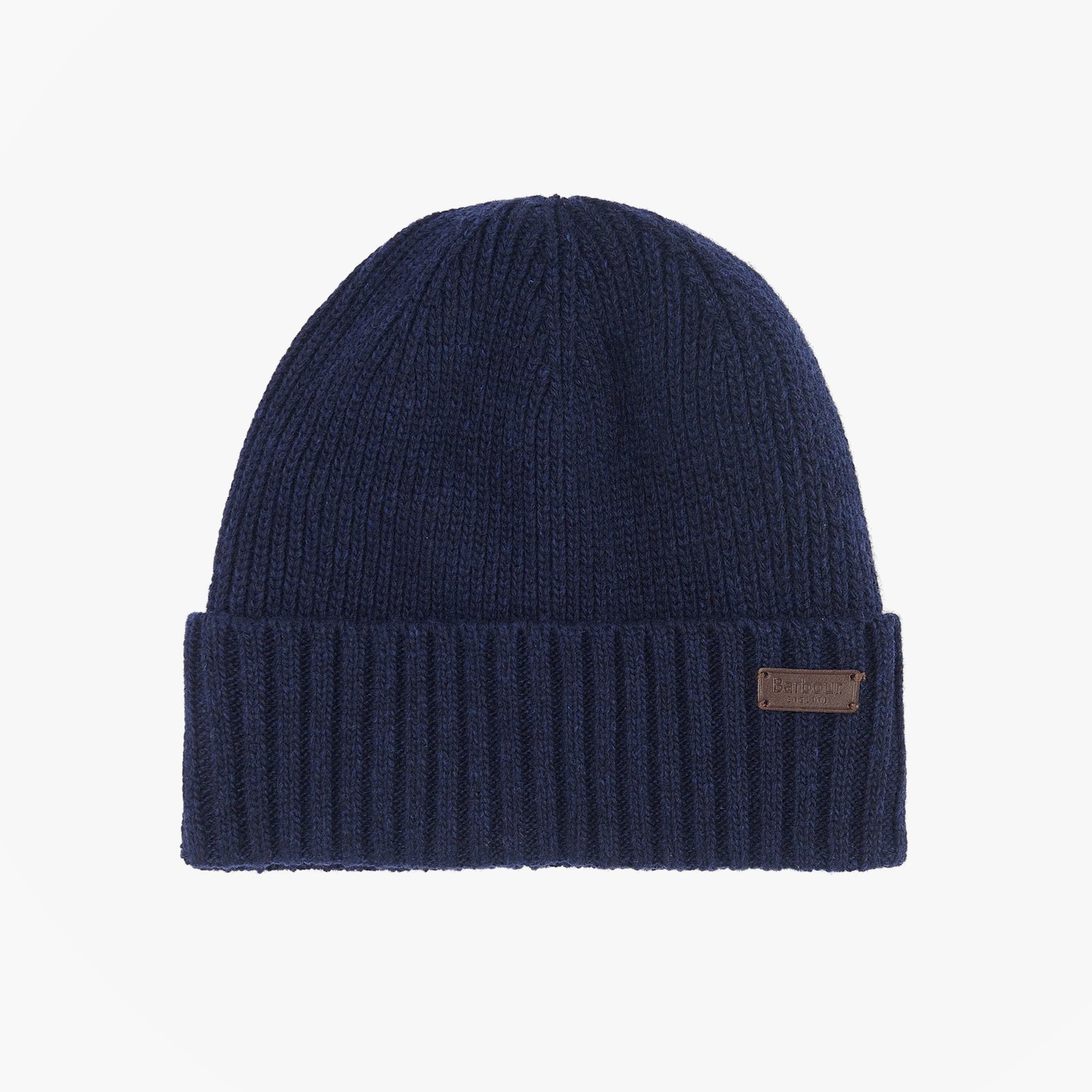 Barbour CARLTON Mens Beanie Navy front view showcasing a stylish knitted design with a ribbed cuff.