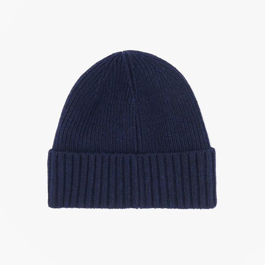 Barbour CARLTON Mens Beanie Navy top view showing ribbed texture and folded cuff design.