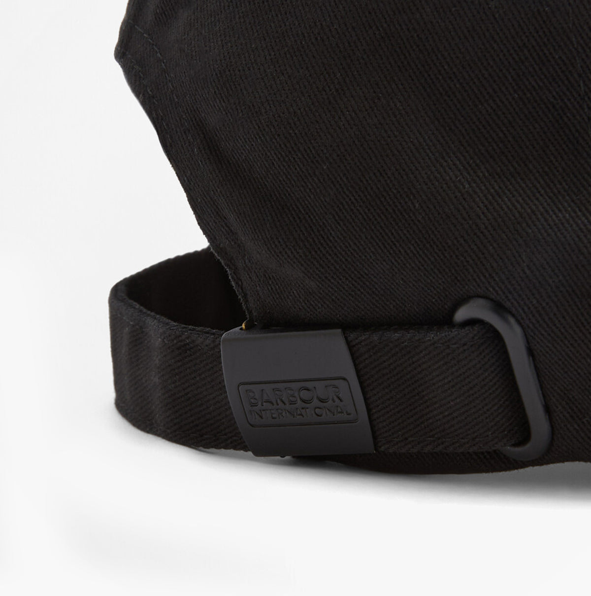 Barbour NORTON Drill Cap Mens Snapback Caps Black/Shadow detail view of the adjustable strap and branding