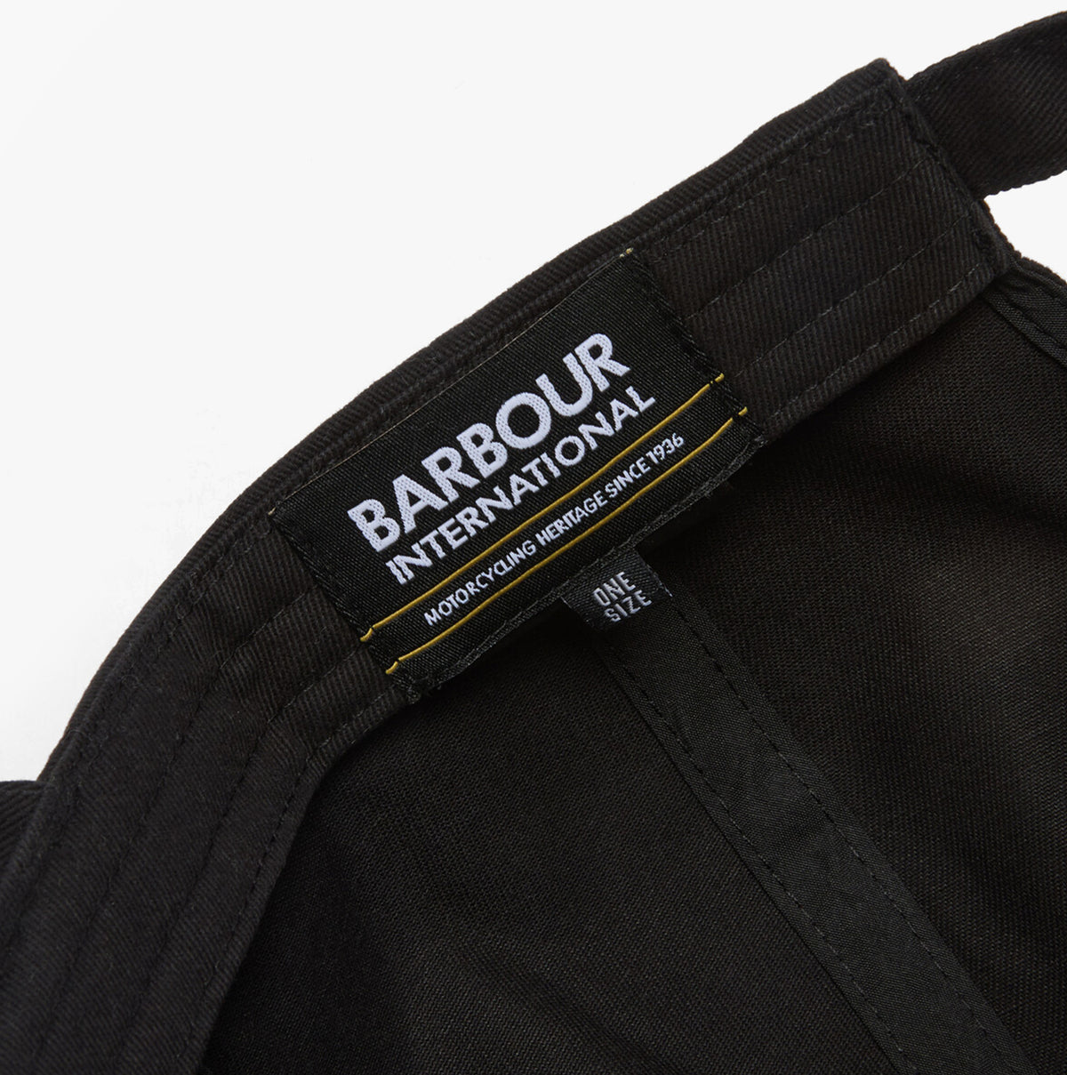 Barbour NORTON Drill Cap Mens Snapback Caps Black/Shadow inside label view showing brand and size details.