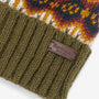 Barbour CASE FAIRISLE Mens Bobble Beanie Olive detail view showing Fairisle design and ribbed turnup hem.