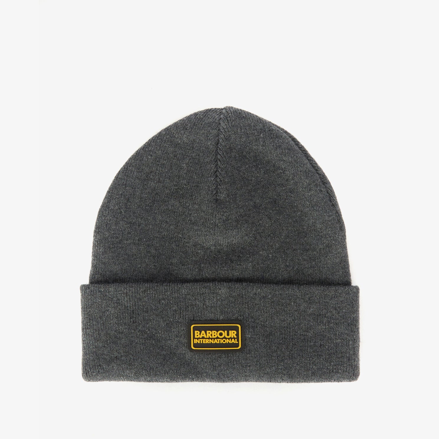 Barbour SENSOR LEGACY Mens Beanie Grey Marl front view showcasing turnup hem and silicone branded badge.