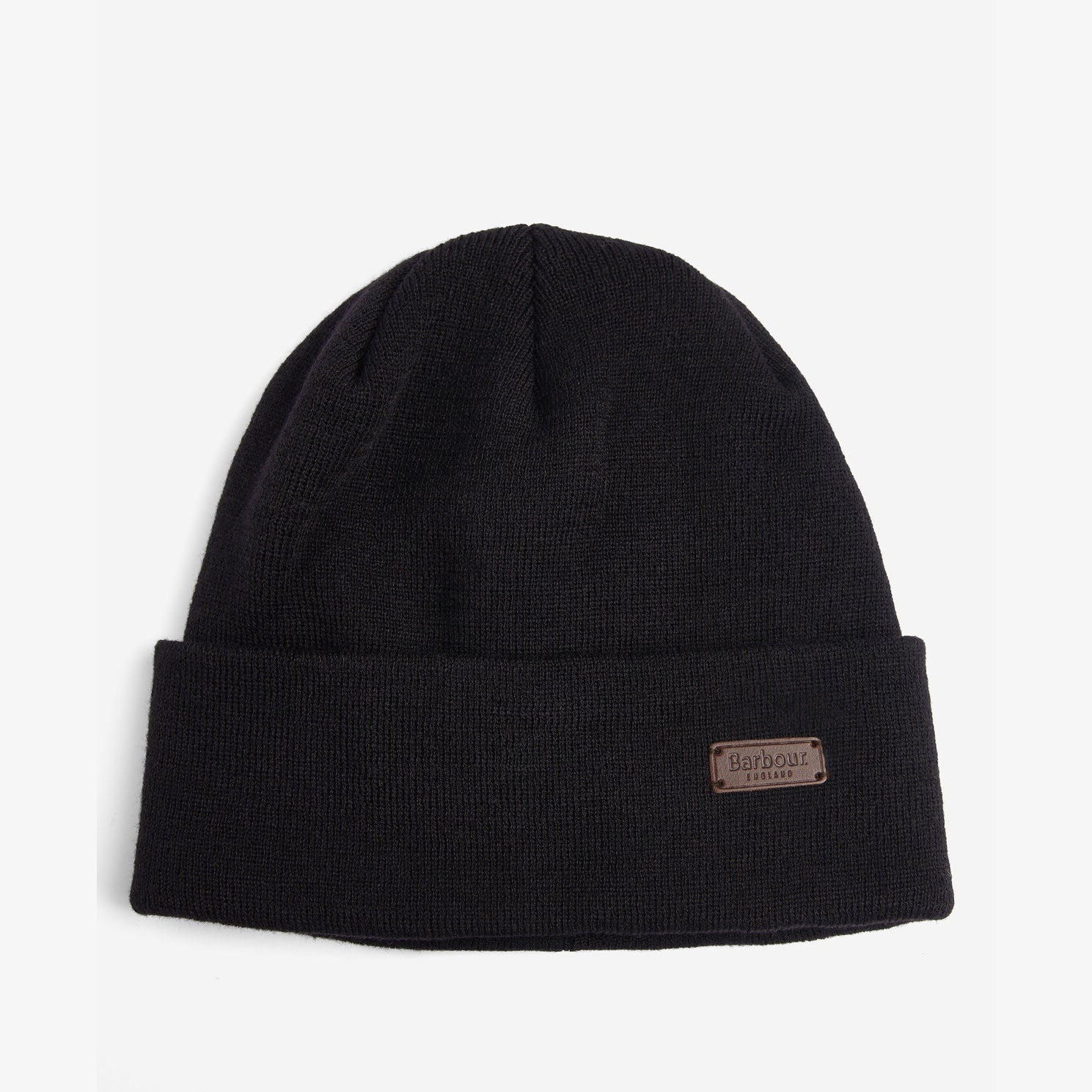 Barbour HEALEY Mens Beanie Black front view, knitted beanie with turnback hem edge and label detail.