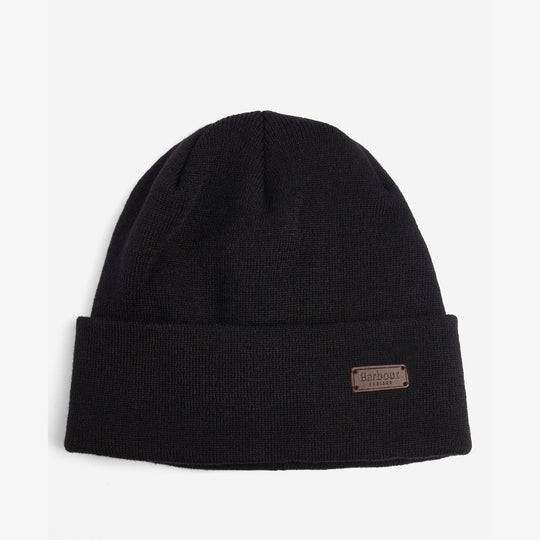 Barbour HEALEY Mens Beanie Black front view, knitted beanie with turnback hem edge and label detail.
