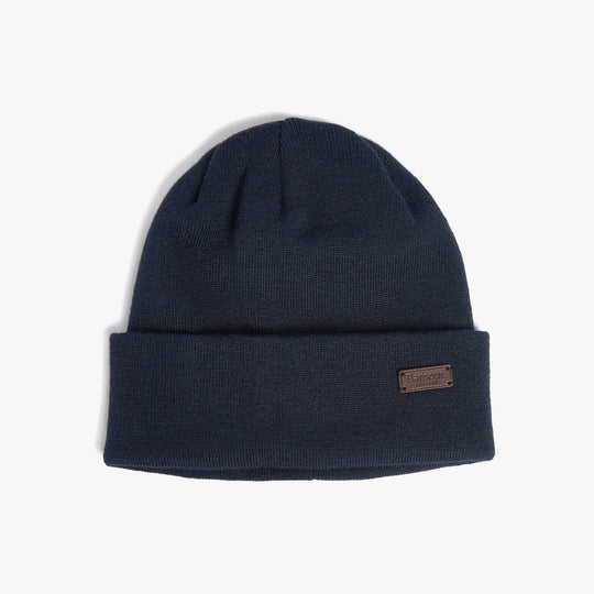 Barbour HEALEY Mens Beanie Navy, front view, knitted beanie with turnback hem edge and logo patch.