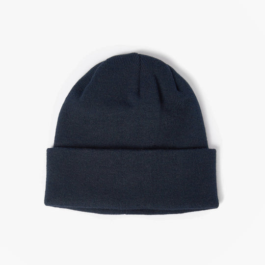Barbour HEALEY Mens Beanie Navy, top view of knitted beanie with turnback hem and darted crown.