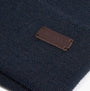 Barbour HEALEY Mens Beanie Navy detail view showing woven fabric and logo patch.