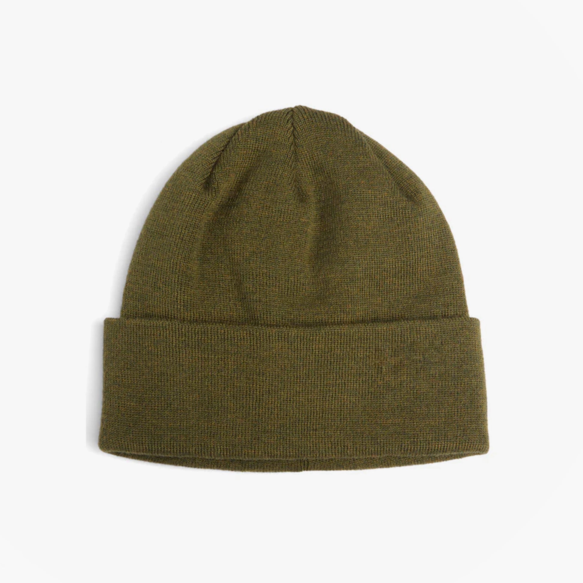 Barbour HEALEY Mens Beanie Olive, top view showcasing knitted texture and turnback hem edge.