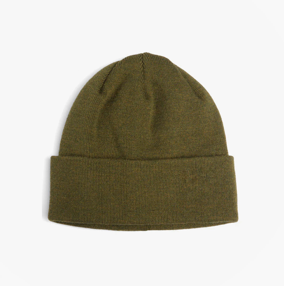 Barbour HEALEY Mens Beanie Olive, top view showcasing knitted texture and turnback hem edge.