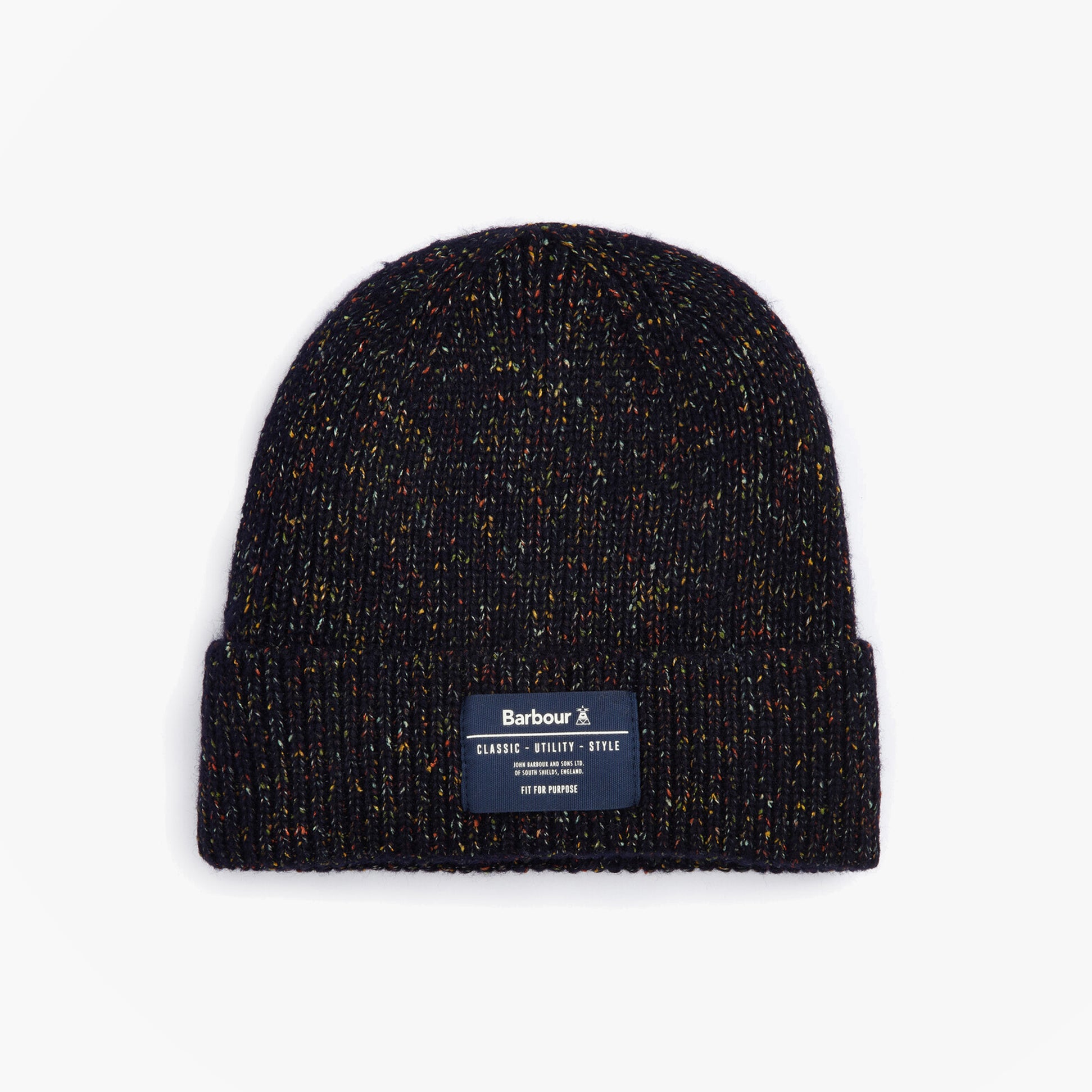 Barbour ESTON Mens Beanie Navy front view showing textured knit and brand label.