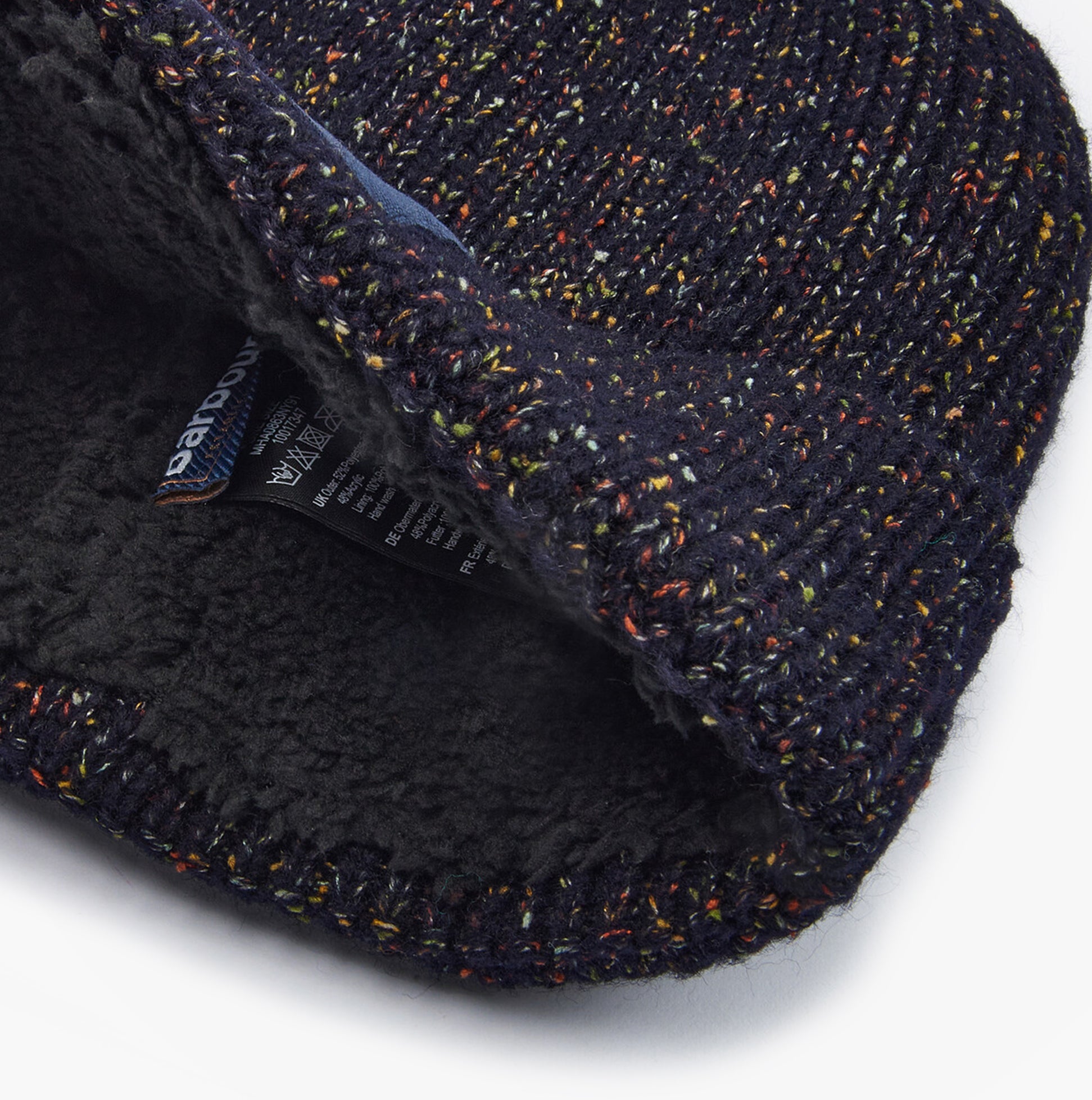 Barbour ESTON Mens Beanie Navy close-up detail view showing the inner lining and texture of the beanie.
