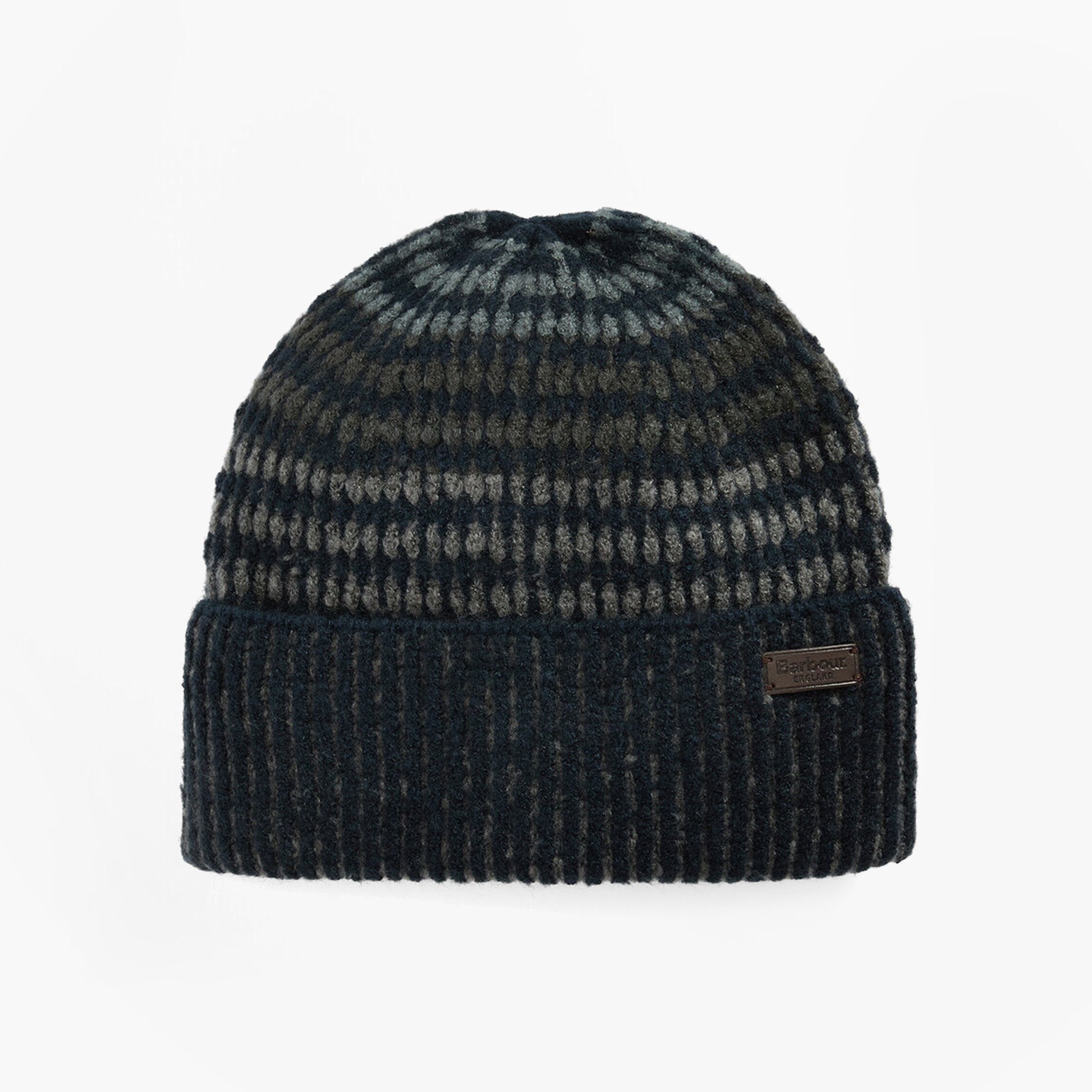 Barbour HARRAY Mens Beanie Navy/Basalt Blue front view with ribbed texture and label detail.