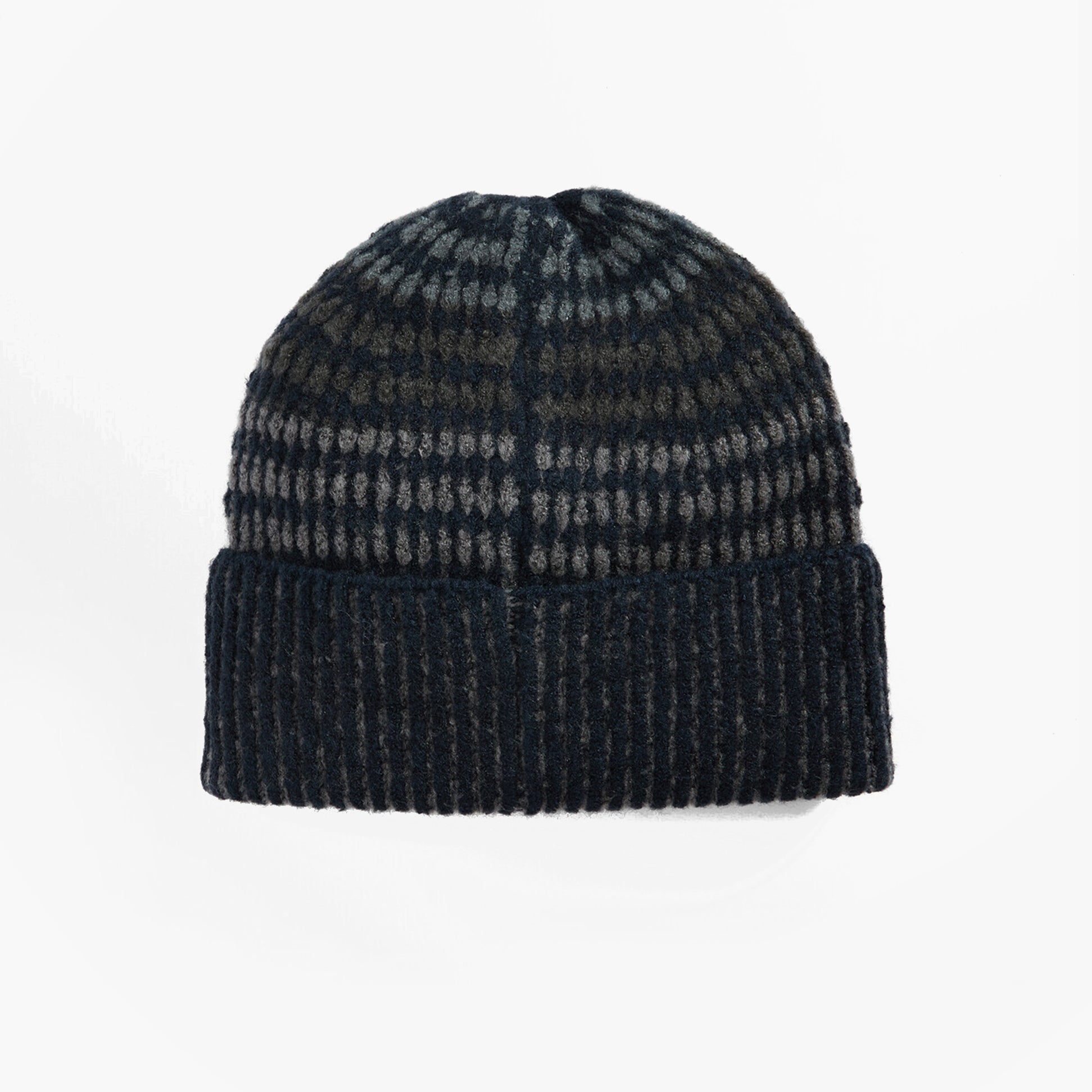 Barbour HARRAY Mens Beanie Navy/Basalt Blue front view, ribbed design, stylish winter hat.