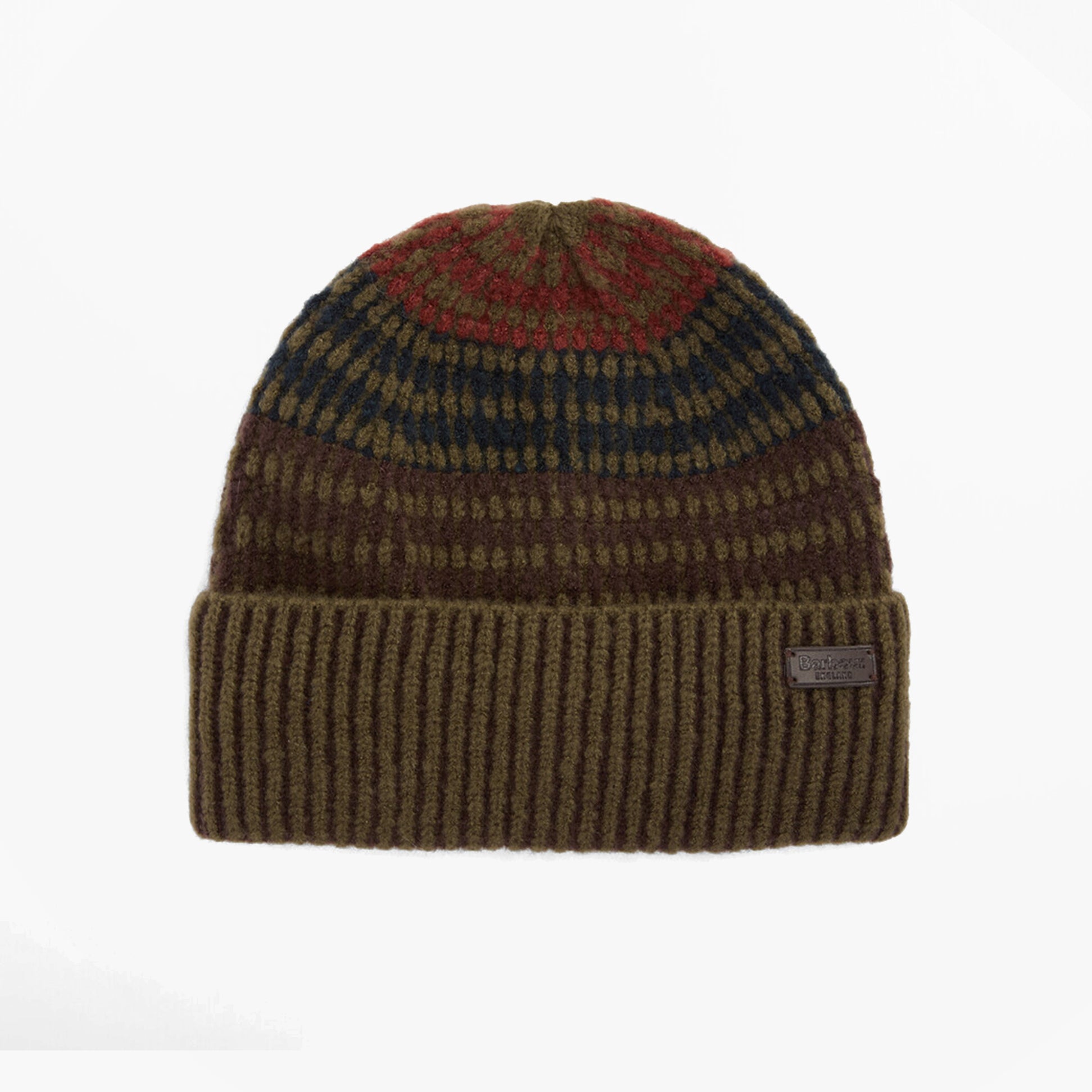 Barbour HARRAY Mens Beanie Olive/Fired Brick front view showing knit pattern and ribbed cuff.