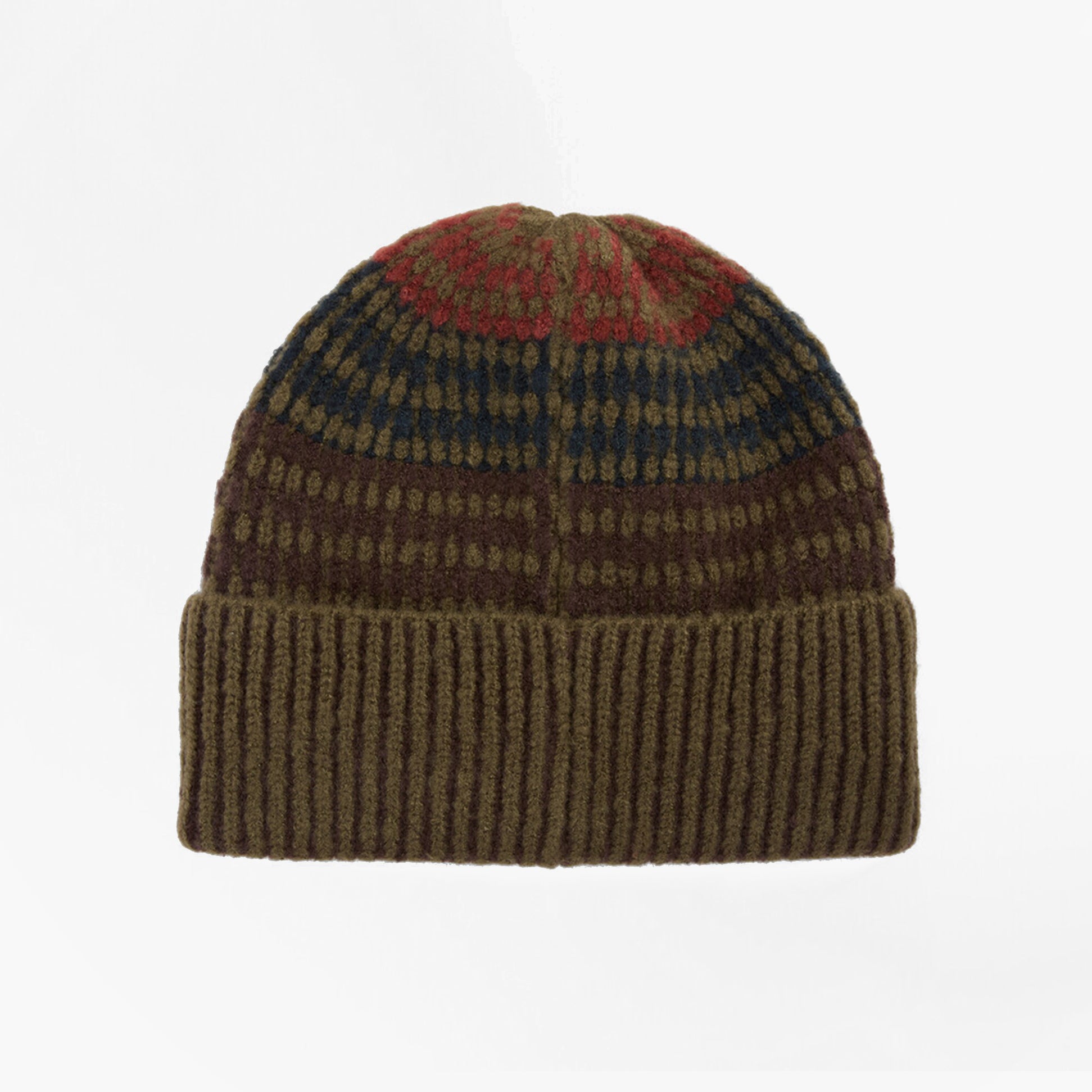 Barbour HARRAY Mens Beanie Olive/Fired Brick front view, showcasing knitted pattern and ribbed hem.