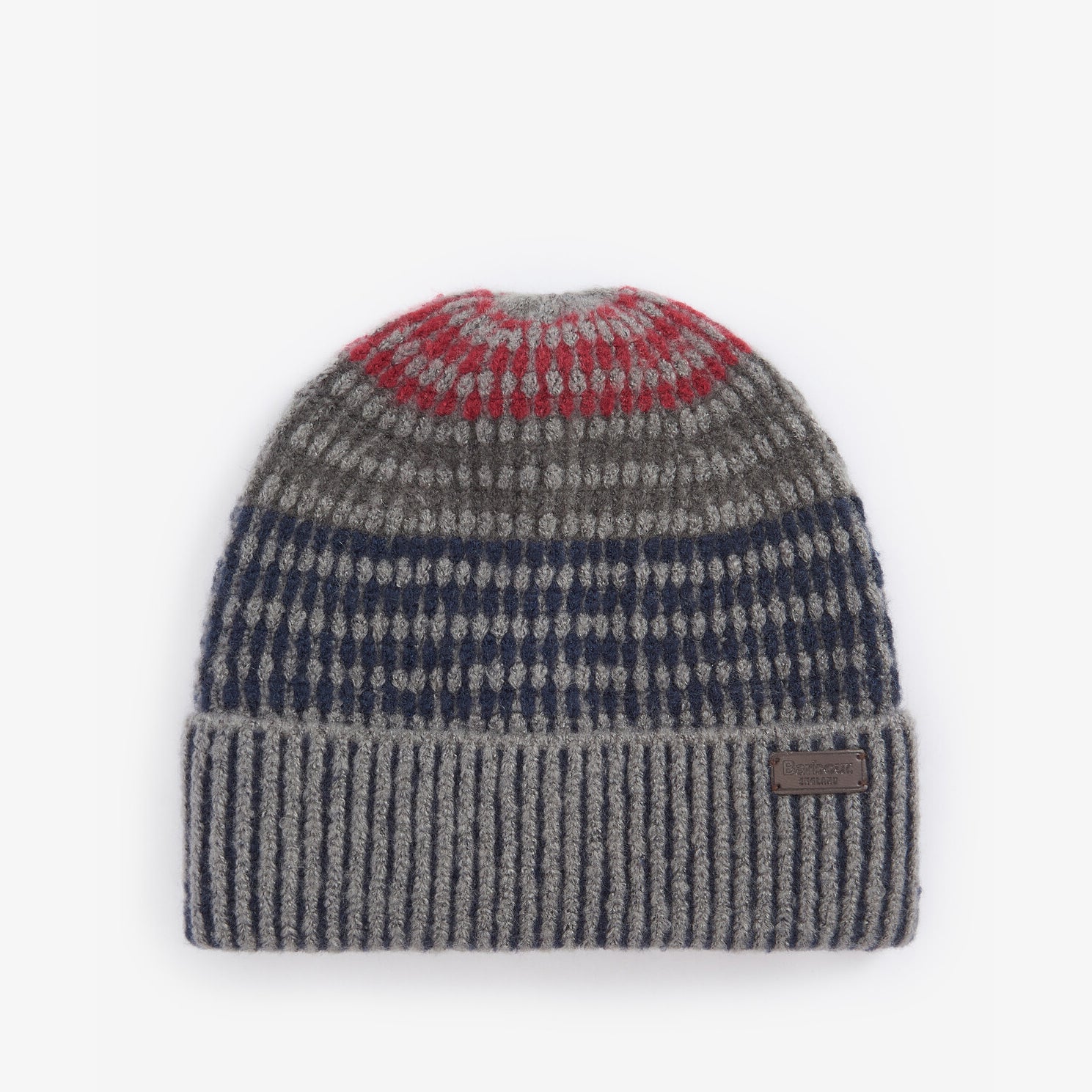 Barbour HARRAY Mens Beanie Blue Granite flat view showcasing patterned design and turnback hem