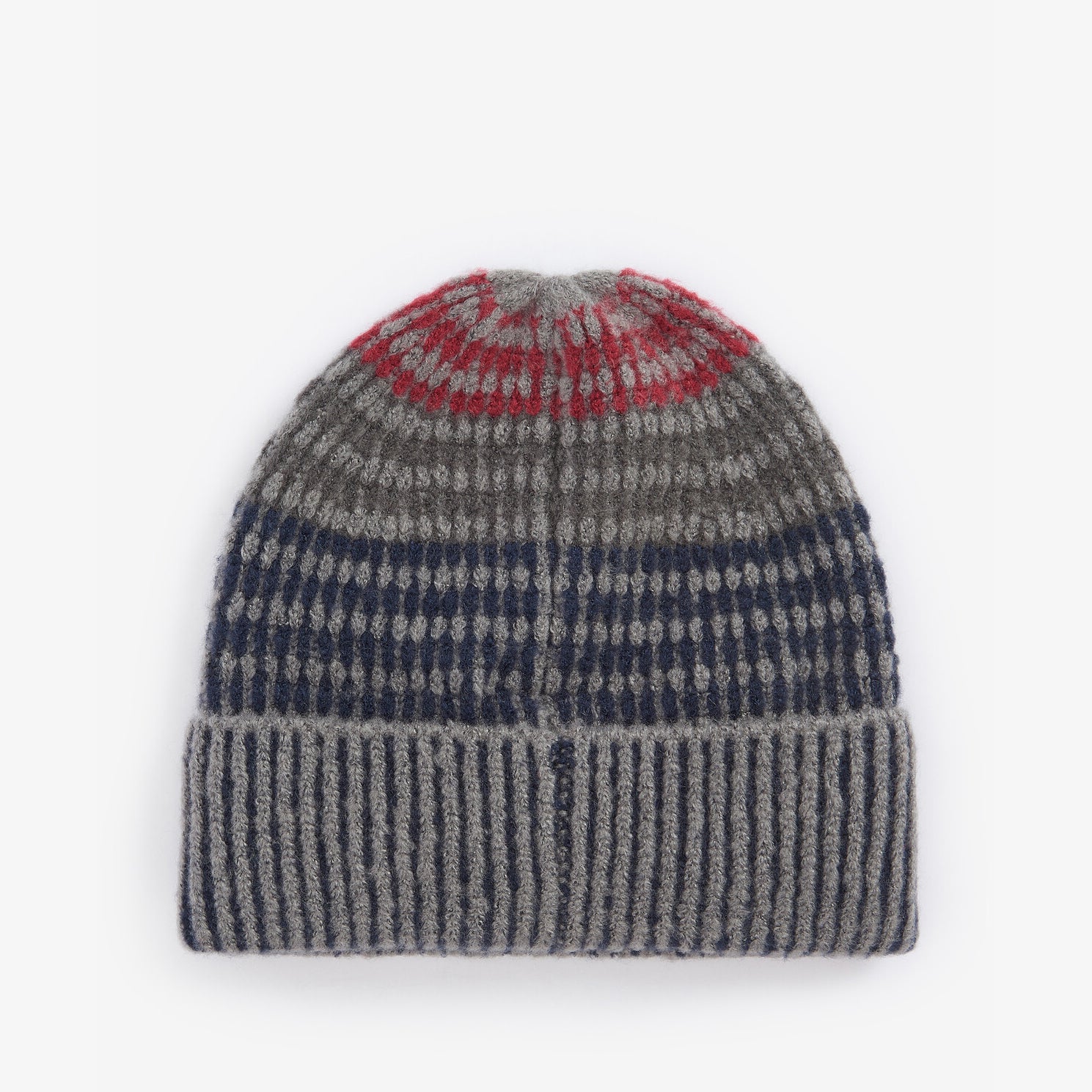Barbour HARRAY Mens Beanie Blue Granite front view, patterned design, ribbed knit, logo-embossed leather badge.