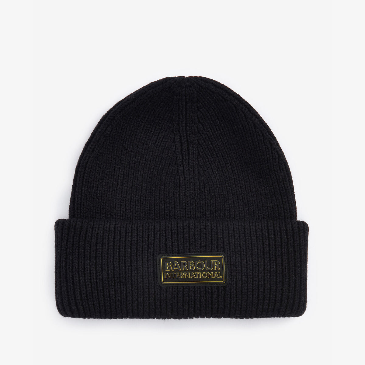 Barbour FLEX Mens Beanie Black front view showcasing the turnup hem and rubberised branded badge.
