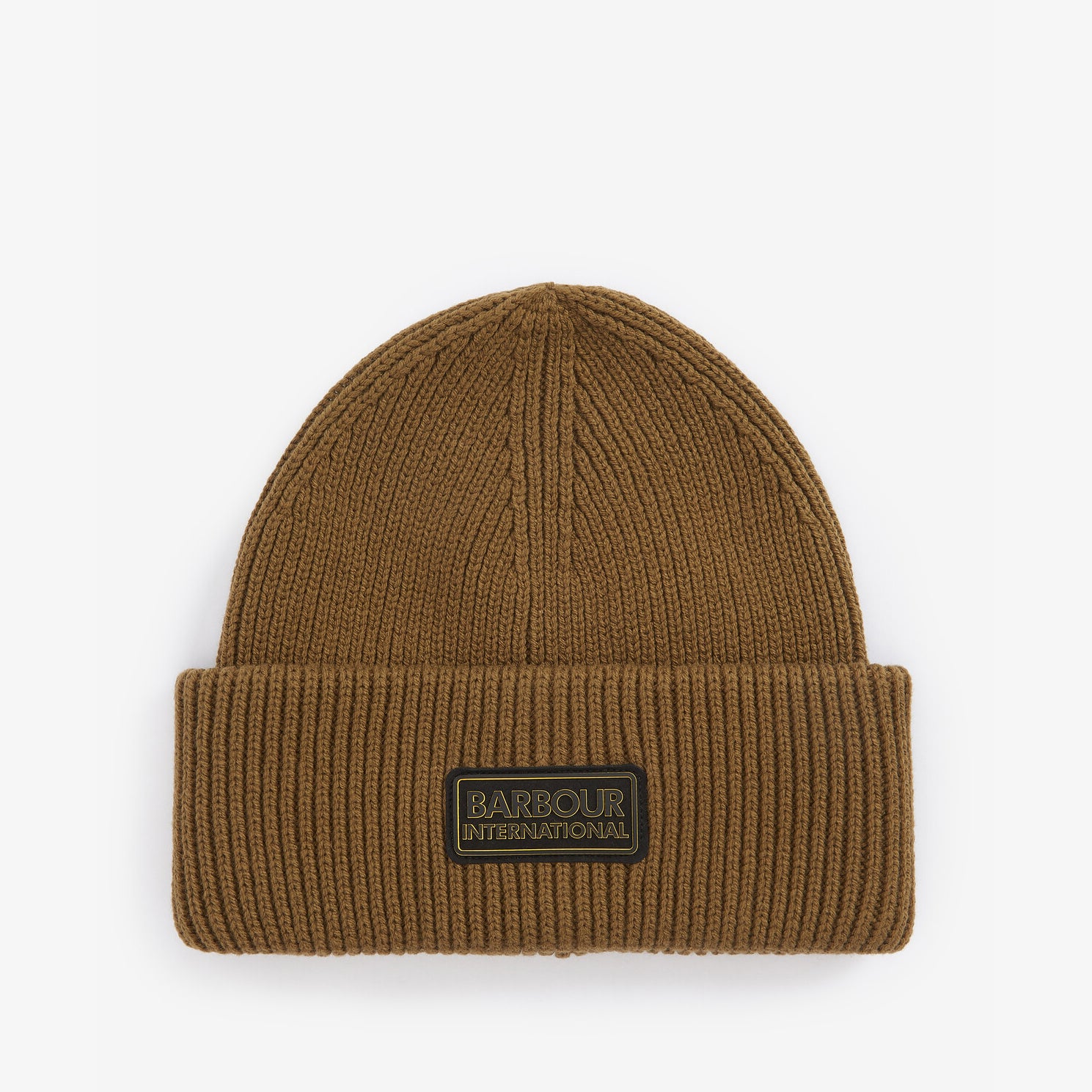 Barbour FLEX Mens Beanie Military Olive top view with rubberised brand badge, showcasing double layer construction.