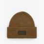 Barbour FLEX Mens Beanie Military Olive top view with rubberised brand badge, showcasing double layer construction.