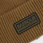Barbour FLEX Mens Beanie Military Olive detail view showing rubberised branded badge on outer.