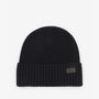 Barbour CHESTER Mens Beanie Black front view showing rib-knit design and logo-embossed leather badge.